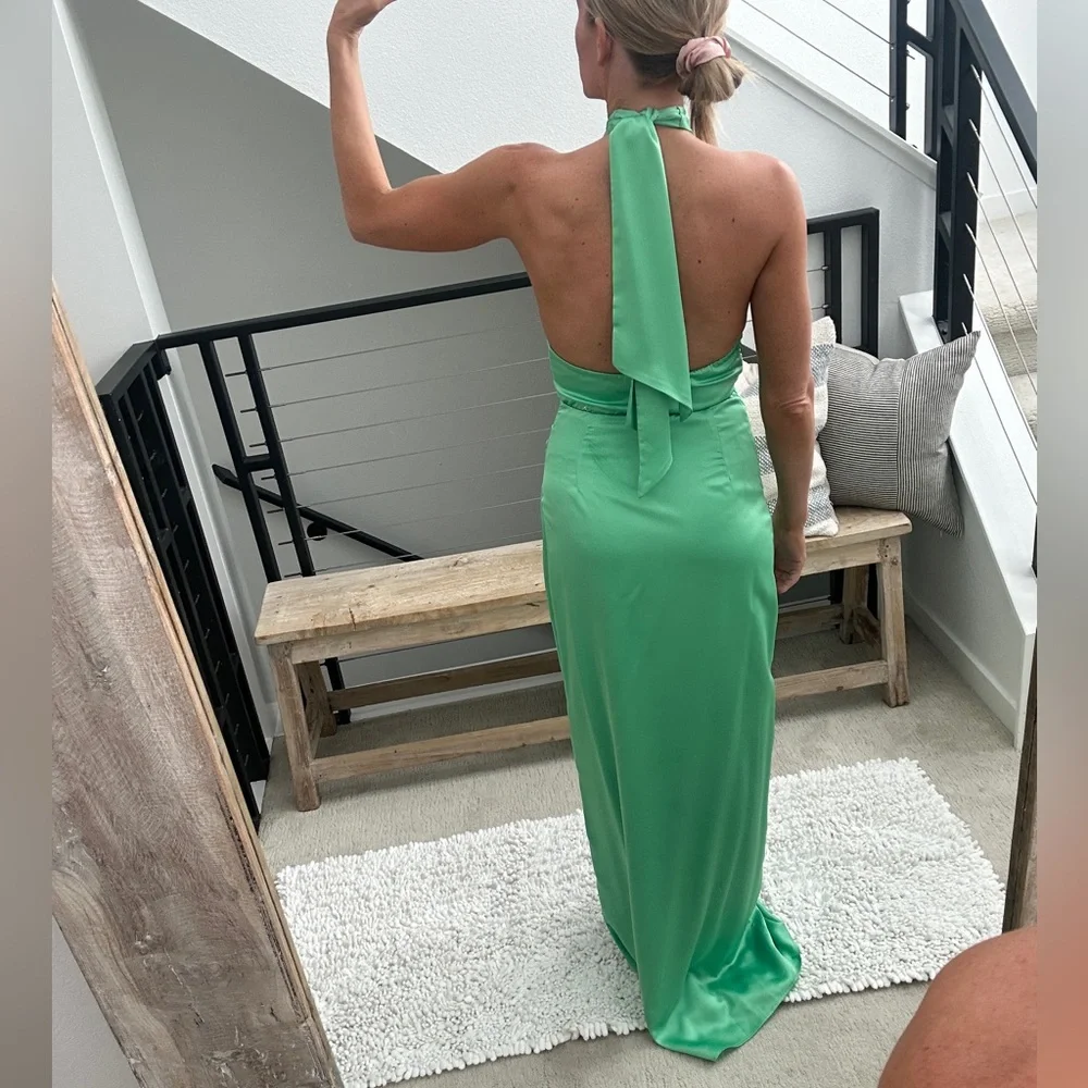 Show Me Your Mumu Adele Green Halter Gown Slit Formal Dress | Size S - Picture 9 of 16